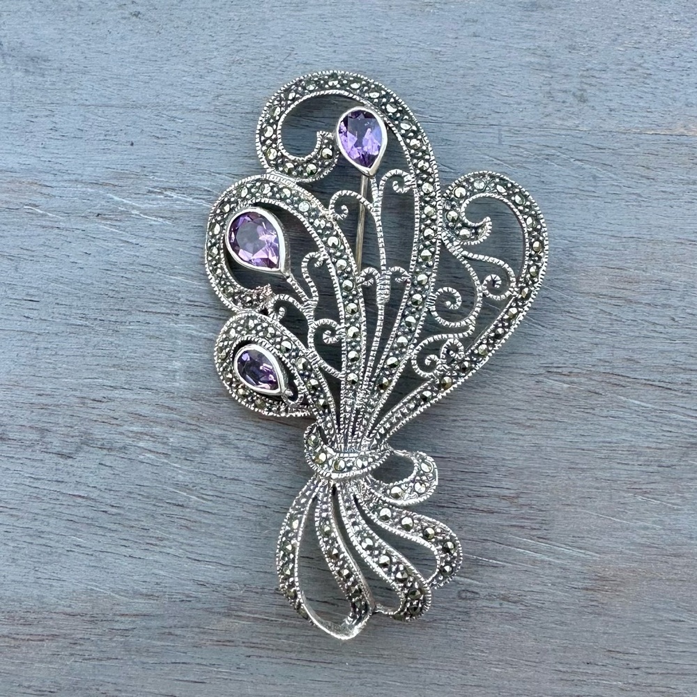Vintage Sterling Silver & Amethyst Brooch - Picture 4 of 12